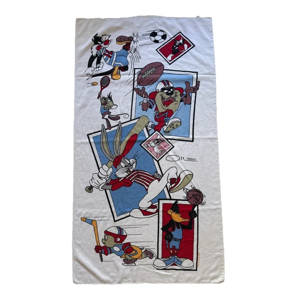 VTG 1990s Looney Tunes Beach Towel Olympic Sports Bugs Bunny Daffy Taz‎ 56x30